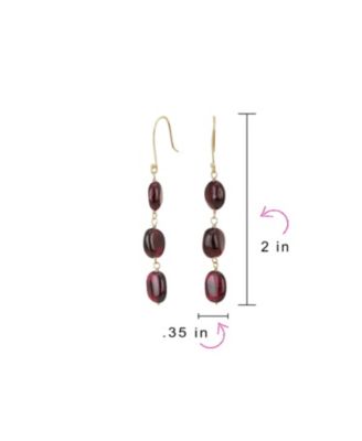 Long Linear Yellow 14K Gold Three Oval Natural Garnet Turquoise Tanzanite Dangling Earrings Fish Hook
