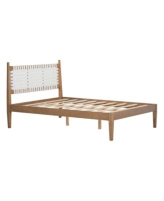 Queen Bed with Woven White Leather Back and Natural Wood Frame