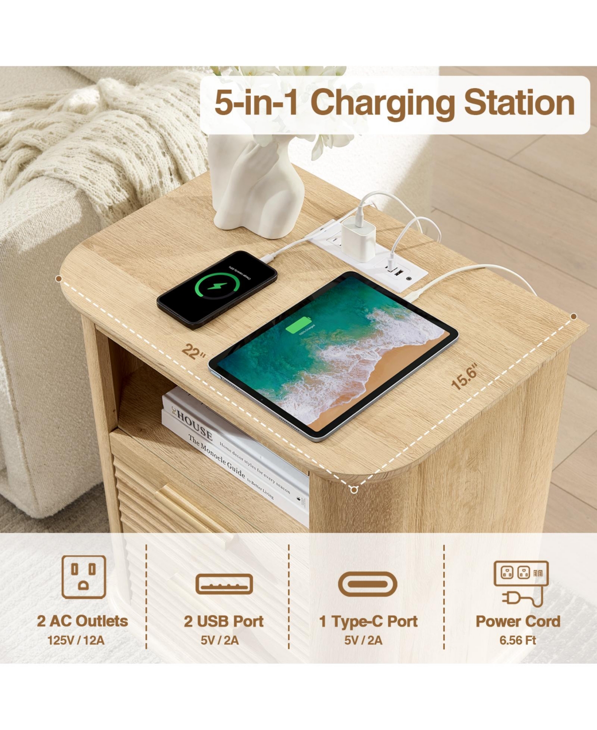 Cesicia Fluted 22 in. Nightstand with Charging Station, 2 Drawers & Open Storage for Bedroom or Living Room