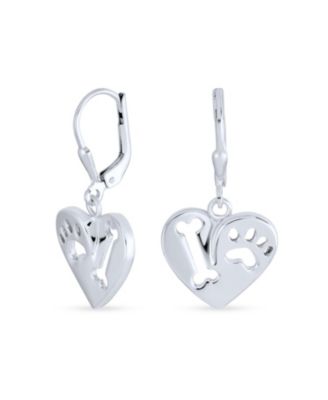 I Love My Dog Paw Print Dangle Heart Shape Earrings Animal Lover .925 Sterling Silver Lever back