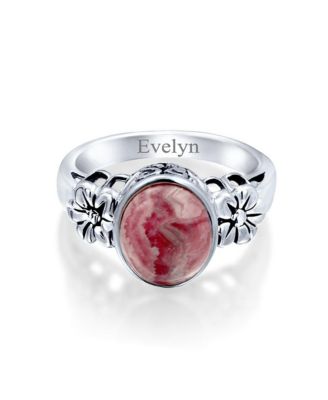 Bezel Set Oval  Pink Rhodochrosite Ring Band Floral Band Sterling Silver