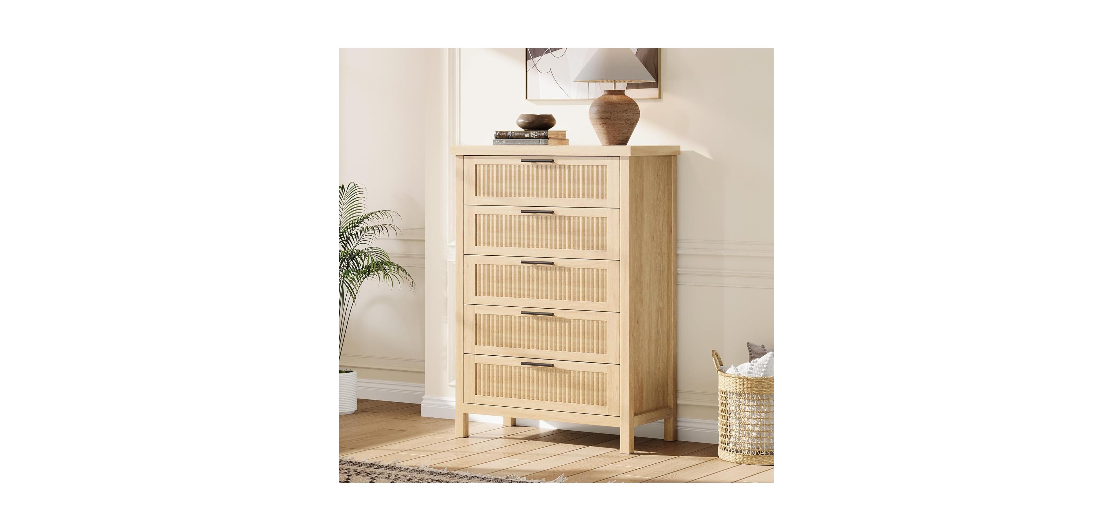 gaomon Fluted Dresser for Bedroom with 5 Drawers, 42.9 in Tall Chest of Large DrawersLarge Clothes Storage Cabinet,Wood Dresser, Tv Stand for Bedroom