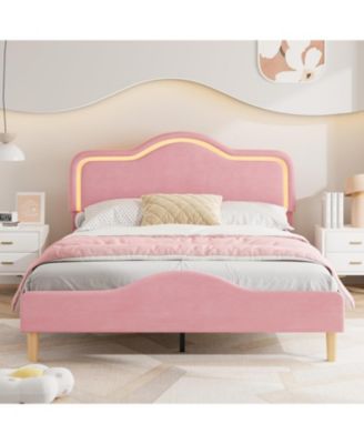 Size Velvet LED Bed Frame with Adjustable Headboard, Princess Platform Bedframe for Kids/Girls, No Box Spring Needed