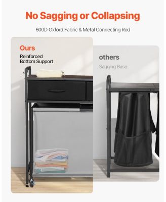 3-Section Laundry Sorter, Rolling Hamper with Wood Top, 2 Drawers, Hooks & Wheels, Pull-Out Bags, Bathroom Organizer