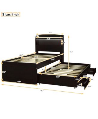 Twin XL Size Platform Bed with Storage LED Headboard, Charging Station, Twin Size Trundle and 2 Drawers