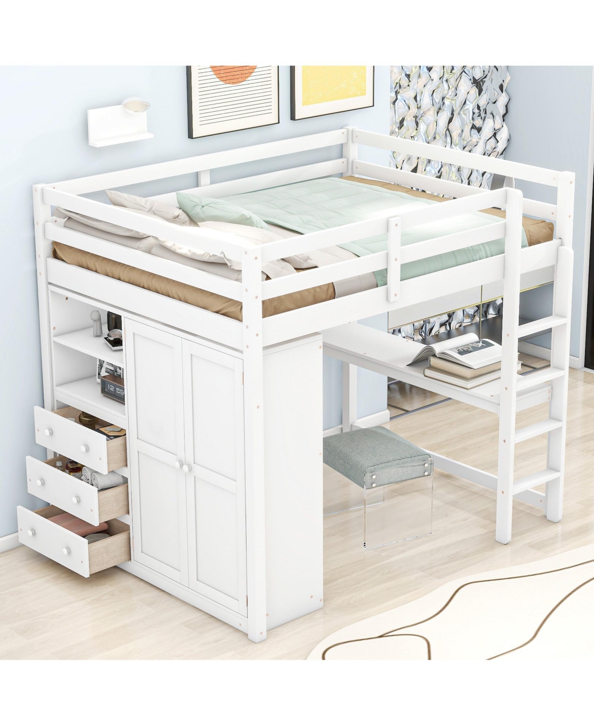 Boyel Living Wood Full Loft Bed with Built-in Wardrobe, Desk, Storage Shelves and Drawers