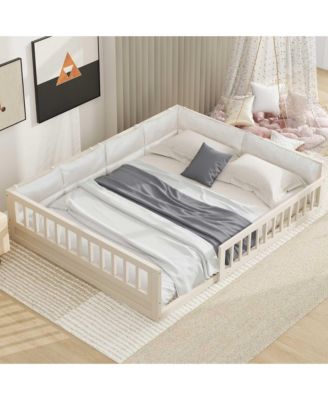 Wood Full Size Upholstered Platform Bed with Guardrail and Pillow