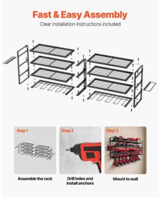 Wall-Mount Tool Organizer, 4-Tier Rack with 8 Drill Holders & Screwdriver Slots.