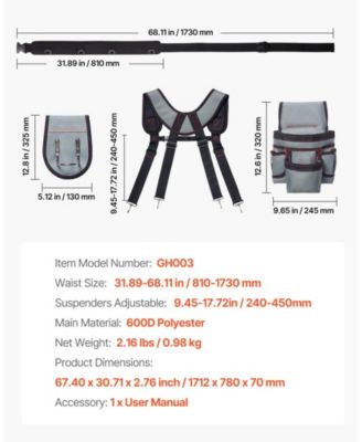 Tool Belt with Suspenders, 22 Pockets Heavy-Duty Tool Pouch, Adjustable Waist 32–68 in, Work Apron Organizer