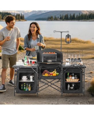 Camping Kitchen Table, Aluminum Portable Cook Station with 3 Storage Cupboards, Detachable Windscreen, Carrying Bag, Black