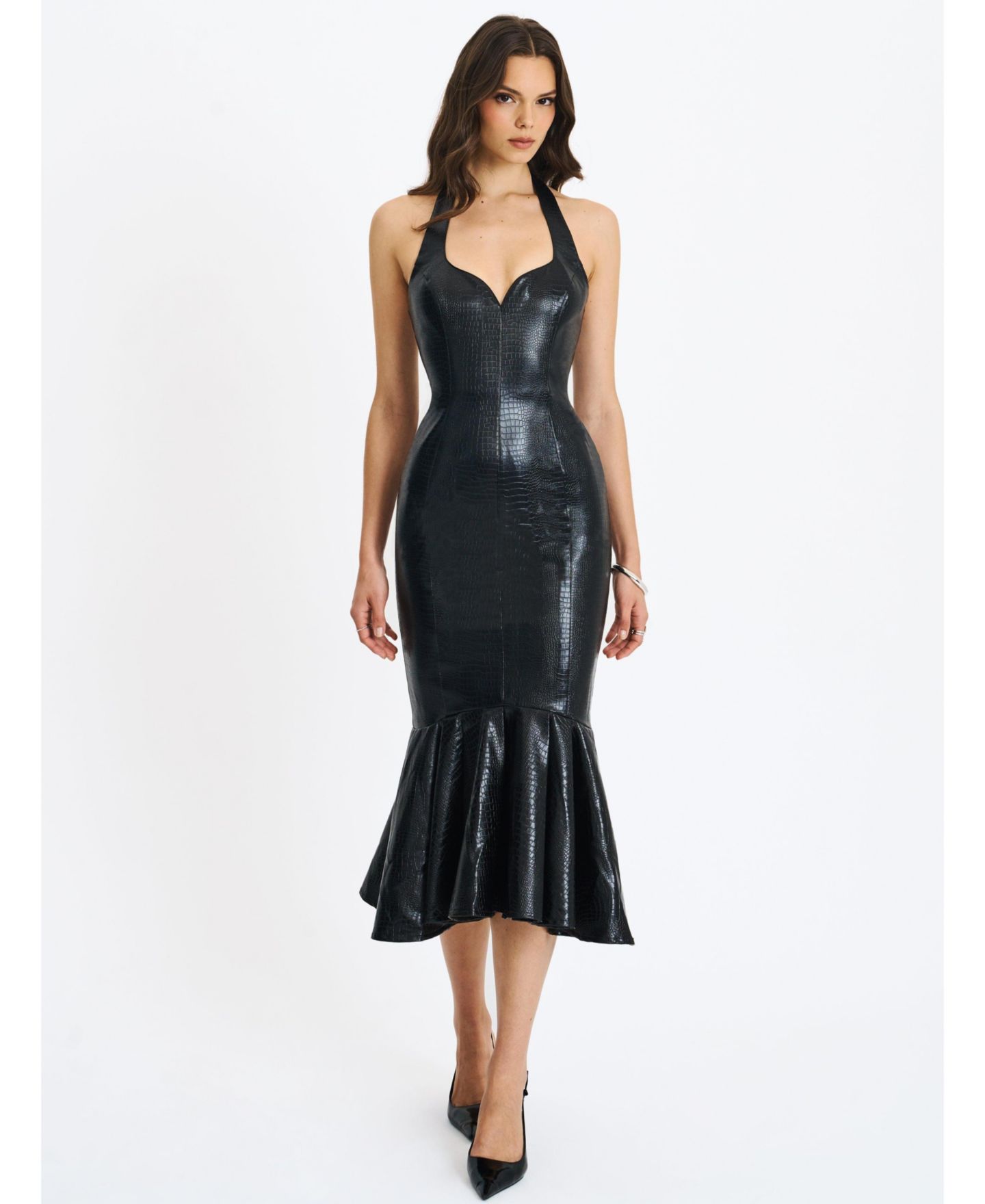 Женское платье Miss Circle Gardenia Black Leather Midi Sweetheart Halter Flared, цвет: Чёрный — фото 4