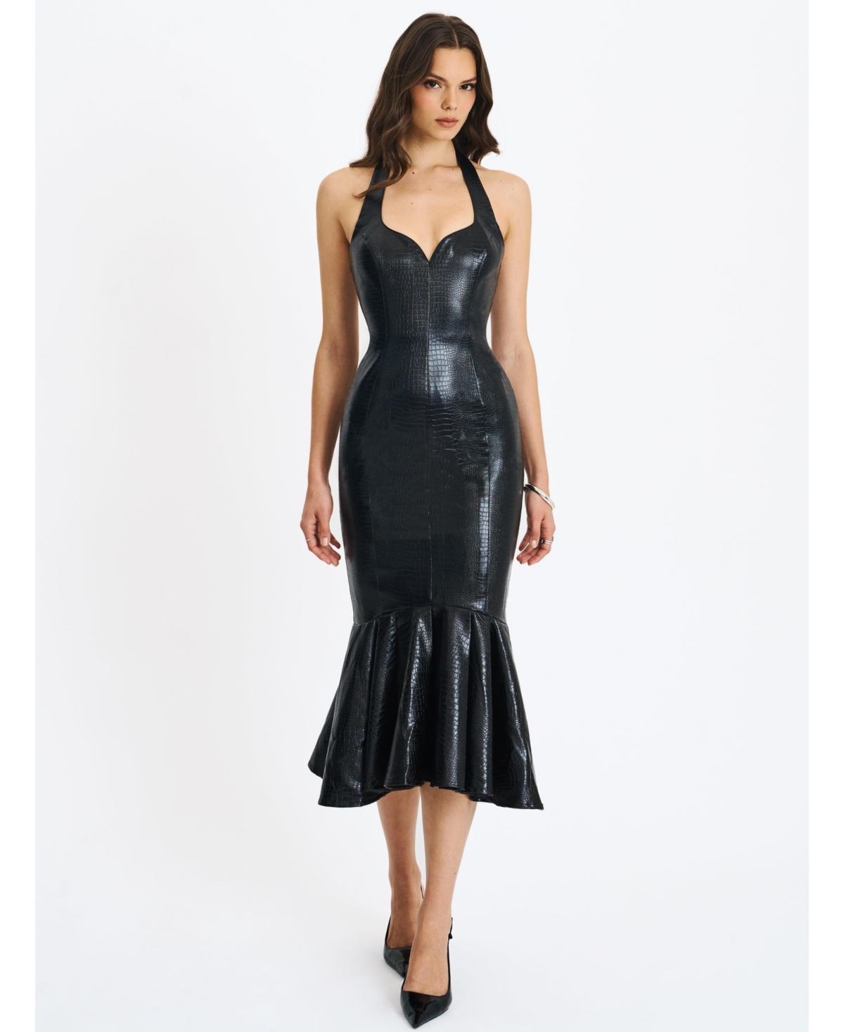 Miss Circle Women's Gardenia Black Leather Midi Sweetheart Halter Flared Dress