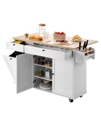 60" Kitchen Island Cart with Wood Top, Drop Leaf, Drawers & Storage Racks.