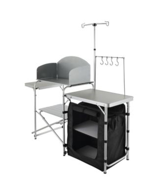 Camping Kitchen Table, Folding Aluminum Cook Station with Cupboard, Detachable Windscreen, Carrying Bag, Quick Setup, Black