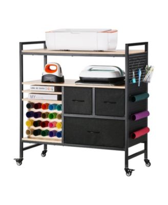 Rolling Craft Cart & Storage Table for Cricut Machines, 20 Vinyl Roll Holders, 3 Drawers, Craft Organizer Workstation, Black