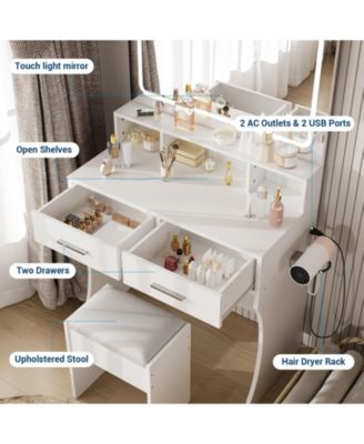 Vanity Desk with LED Mirror & Power Outlets,3 Light Modes, Modern Dressing Table for Bedroom