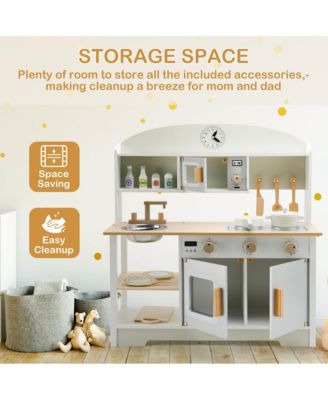 Wooden Kids Play Kitchen Set with Microwave, Sink & Storage, Gift for Boys and Girls