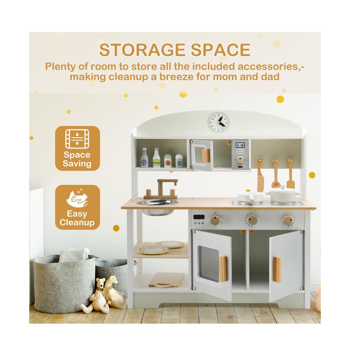 Bruce & Shark Wooden Kids Play Kitchen Set with Microwave, Sink & Storage, Gift for Boys and Girls