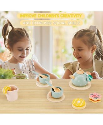 15-Piece Wooden Tea Set for Kids, Pretend Play Toy with Teapot, Cups & Treats