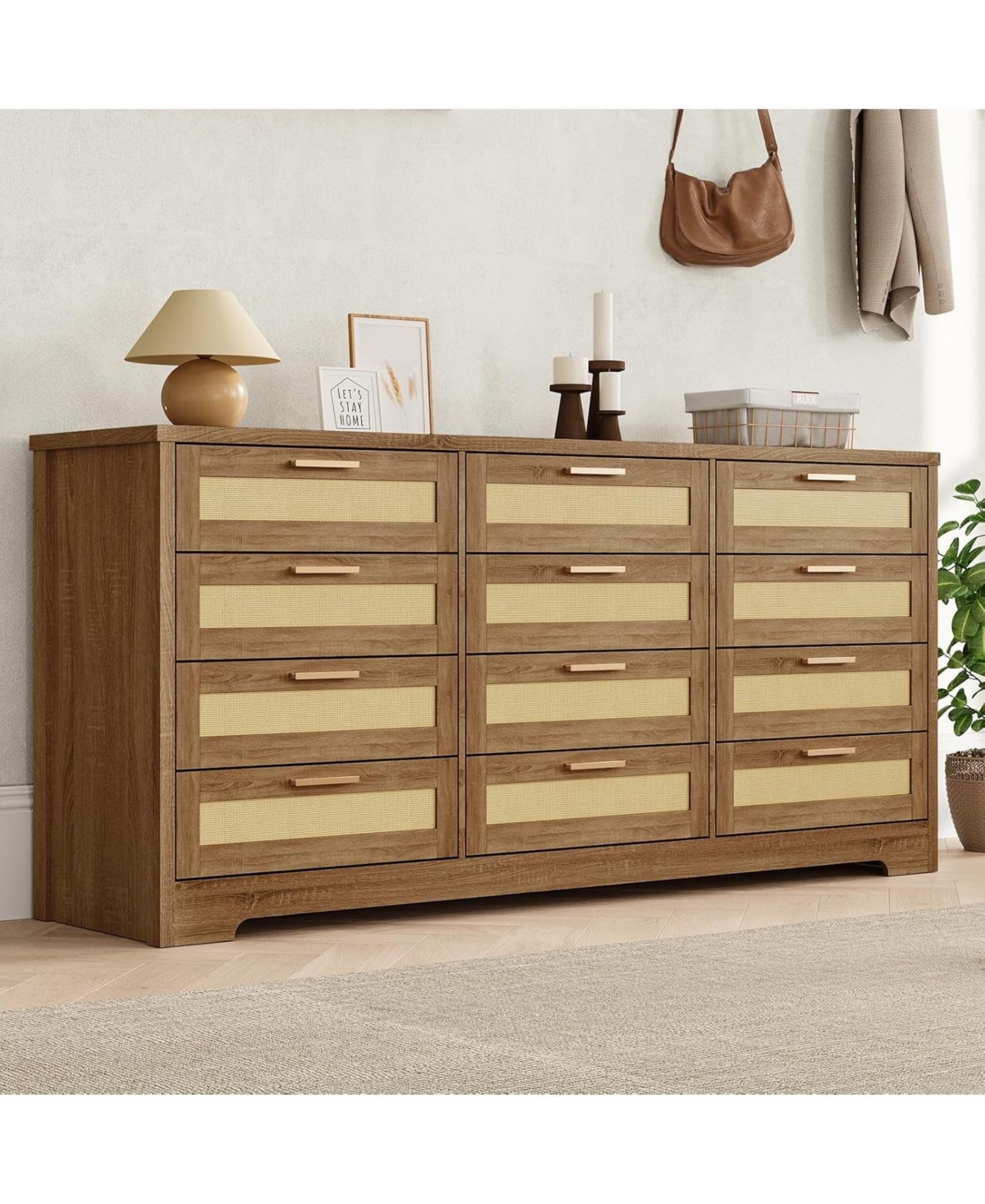 gaomon 12 Drawer Dresser for Bedroom, Modern Farmhouse Rattan Chest of Drawers, Wood Dresser for Closet, Living Room, Entryway, and Hallway - Brown