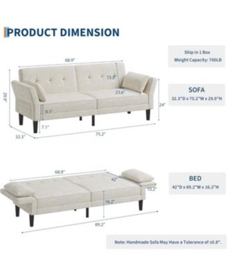 89" Chenille Futon Sofa Bed, Modern Convertible Sleeper Couch with Adjustable Backrest & Armrests, 3-Seat Sofa with 2 Pillows for Apartment