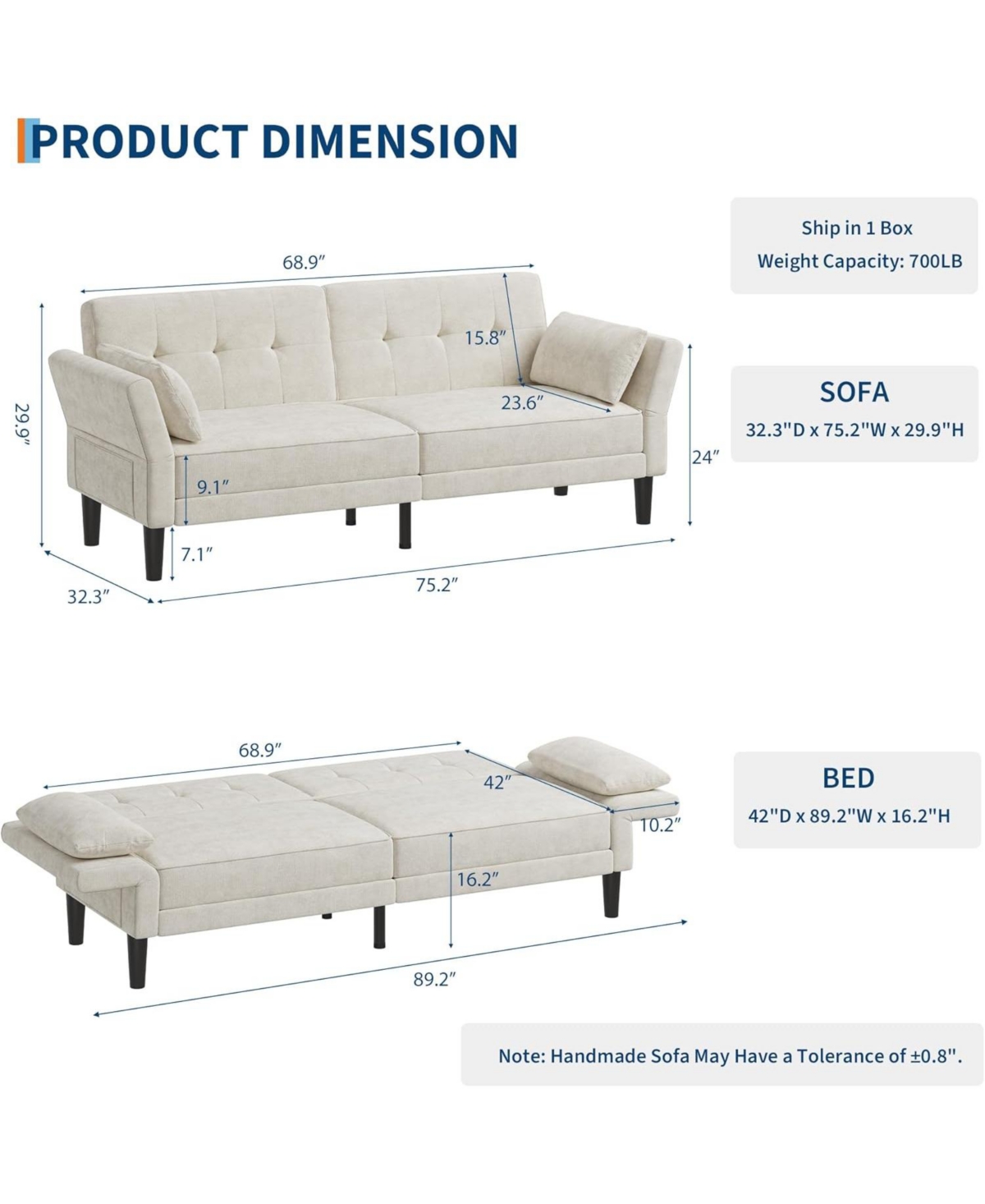 gaomon 89" Chenille Futon Sofa Bed, Modern Convertible Sleeper Couch with Adjustable Backrest & Armrests, 3-Seat 2 Pillows for Apartmen