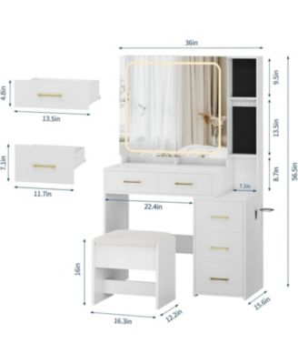 Vanity Desk with Mirror and Lights - Makeup Vanity Set with 5 Drawers and Stool/Power Outlet - 3 Color Lighting Modes Adjustable Brightness