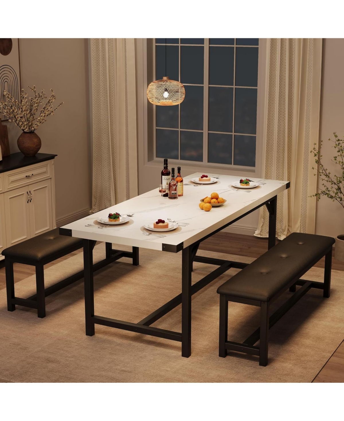 gaomon 3-Piece Extendable Dining Table Set for 4-6, Marble White Table with 2 Upholstered Benches, Space-Saving Kitchen & Dining Room Set