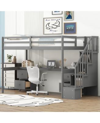 Twin Size Loft Bed Frame with Built-in Desk and Double Storage Drawers