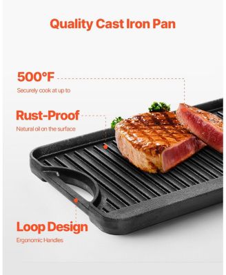 20 x 10 in Reversible Cast Iron Grill/Griddle, Pre-Seasoned Rectangular Griddle Pan with Handle, for Stove Top and Camping BBQ, Black