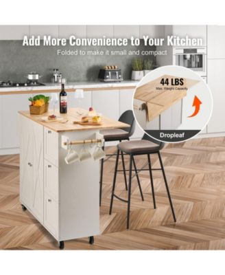 Kitchen Island Cart with Solid Wood Top, 45.3" Wide, Storage Cabinet, Drop Leaf, Drawer, Spice Rack, Towel Rack, Rolling, White