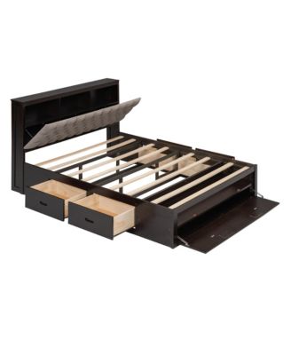 Wood Queen Size Platform Bed with Storage Headboard, shoe rack and 4 drawers