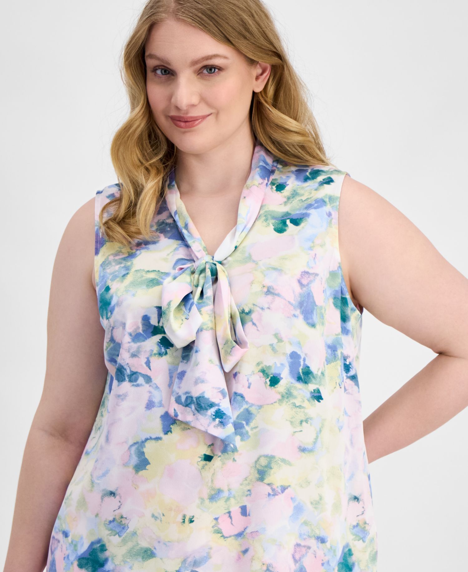 ASL Plus Size Printed Tie-Neck Sleeveless Blouse