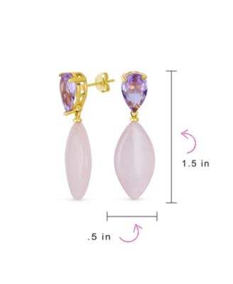  Pink Quartz Rhombus Teardrop Purple CZ & Dangling Earrings Gold Plated