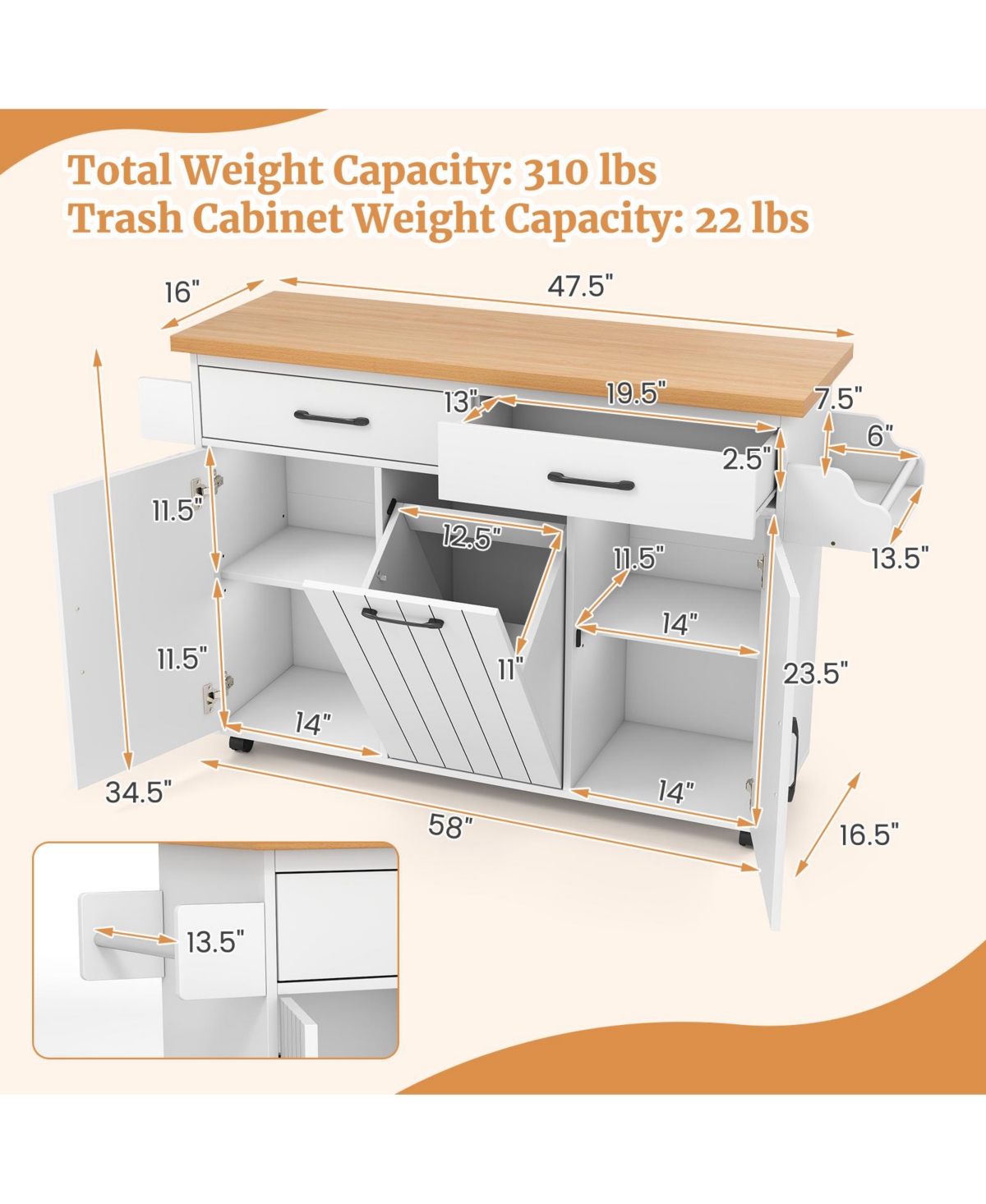 Rolling Kitchen Island Kitchen Cart with Tilt-out Trash Cabinet Island Table