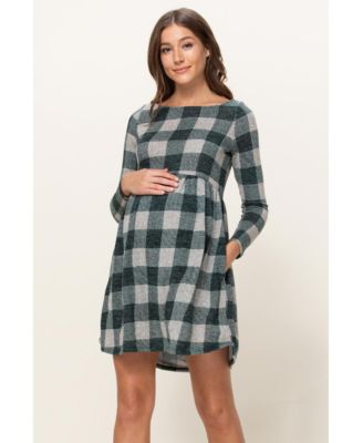 Maternity Empire Waist Long Sleeve Plaid Dress