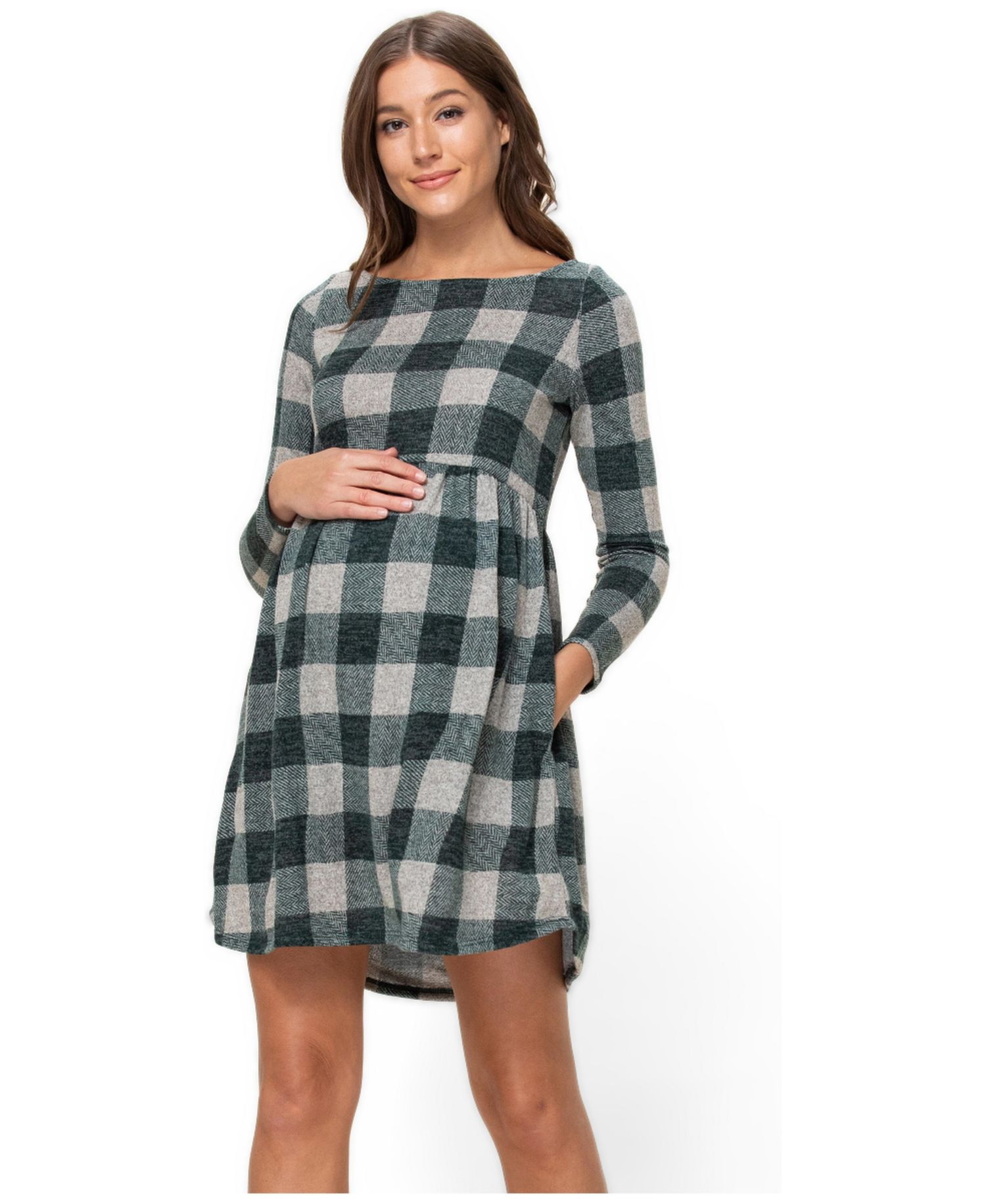 Women's Empire Waist Long Sleeve Plaid Dress