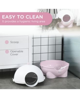 Large Hooded Cat Litter Box with Lid - Includes Scoop, Leak-Proof Sand Pedal & Top Carry Handle, Light Pink