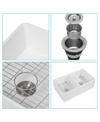 huluwat 33x20x10inch White Farmhouse Sink Ceramic Porcelain Double Bowl Reversible Design