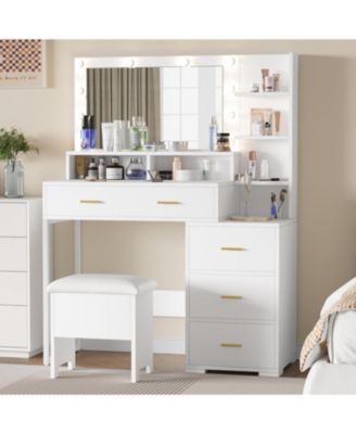 Makeup Vanity with Upholstered Stool & Charging Station, Vanity Desk with Mirror and Lights