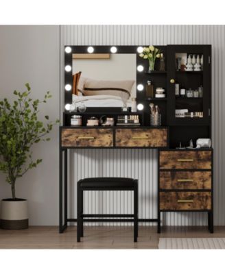Makeup Vanity with Upholstered Stool & Charging Station, Vanity Desk with Mirror and Lights