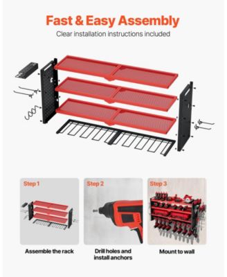 Wall-Mount Power Tool Organizer, 4-Tier Storage Rack with 8 Drill Holders, Side Pegboards, Garage Tool Storage Rack