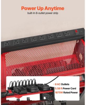 Power Tool Organizer with Charging Station, 4-Tier Wall Rack with 8 Drill Holders, Side Pegboard, Built-In 8-Outlet Power Strip