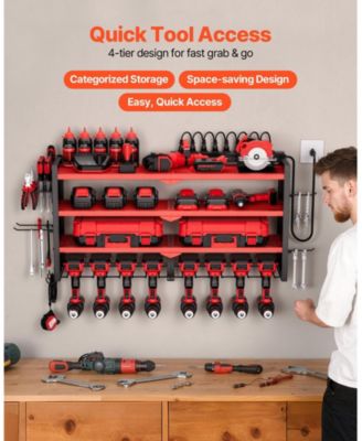 Power Tool Organizer with Charging Station, 4-Tier Wall Rack with 8 Drill Holders, Side Pegboard, Built-In 8-Outlet Power Strip