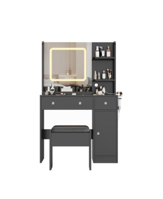 Vanity Desk and Stool with Mirror and Lights，Makeup Vanity with Charging Station, Drawers