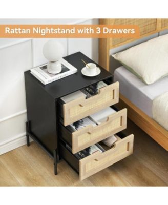 Rattan Nightstand with 3 Drawers, Storage Night Table, Bedside Cabinet with Shelves for Bedroom, Living Room