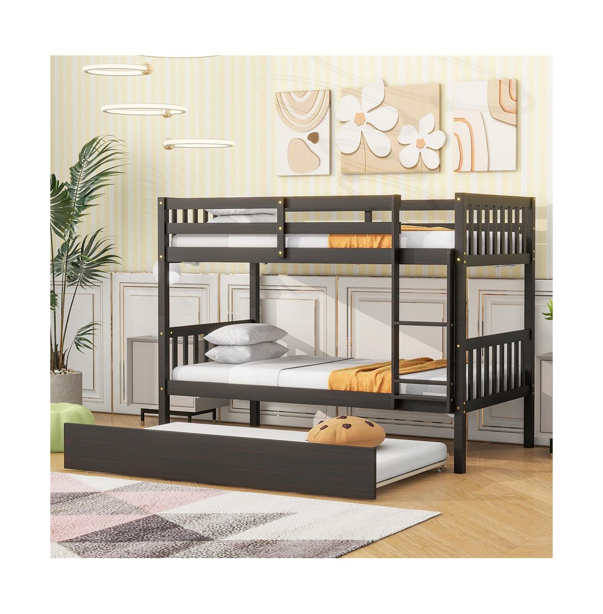 Cesicia Twin over Bunk Bed with Trundle, Convertible to 2 Separate Beds Rubber Wood Ladder & Guardrails