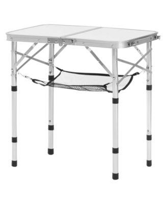 Folding Camping Table, Adjustable Height Aluminum & MDF with Mesh Shelf, Carry Handle, 24x16", Silver