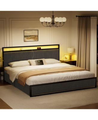Upholstered King Bed Frame with LED Display Headboard, 2 Storage Drawers, Charging Station, Gray