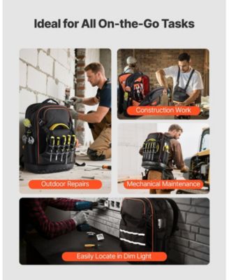 Tool Backpack with Tools, 65 Pockets, Heavy-Duty Tool Organizer with Laptop Compartment & Molded Base, Jobsite Backpack